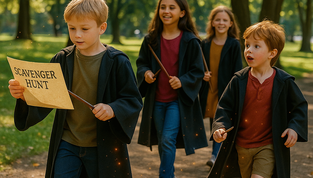 children in wizard robes making slime and wands at summer camp Harry Potter themed kids camp in Encinitas magical day camp activities for kids ages 4–12 Encinitas Karate Chamber of Secrets summer camp outdoor park scavenger hunt summer camp for kids